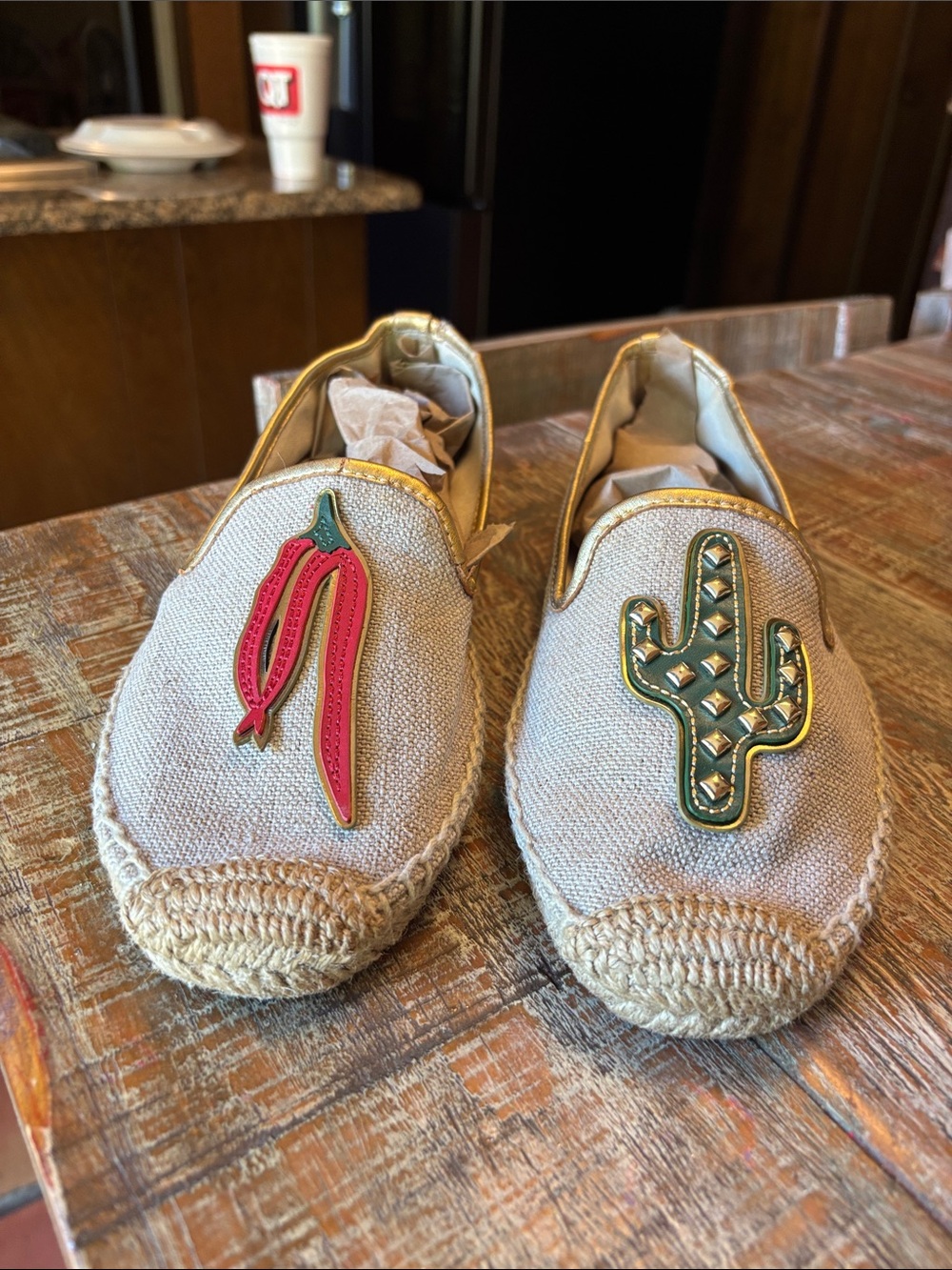 Tory Burch Beige Espadrilles with Red and Green Patch Accents